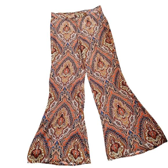 Zara Brown Orange Boho Paisley Print Flare Leg Pants Bloggers Fav Medium - Picture 4 of 11